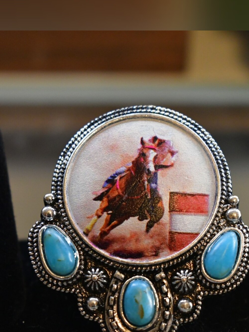 Faux Turquoise Horse Ring Sz Adj